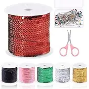 Mardatt 102Pcs 100 Yards 6mm Flat Sequin Strip with Push Pins and Scissors, Sequin String Trim Metallic Shiny Trim Sequins Line Stretch Sequin String Ribbon Roll for Crafts Costume Sewing(Red)