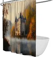 Golden Maple Forest Castle Prints Shower Curtains Reflections in Water Mist Pattern Bathroom Curtain with Hooks Waterproof Quick Dry 180 x 220 cm