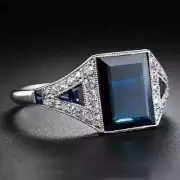 Art Deco Style Emerald Lab-Created Diamond & Sapphire Ring 14K White Gold Finish