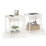 End Table with Charging Station, Set of Small Side Tables for 2 Cream White