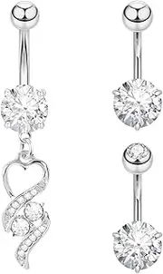 [CABBE KALLO] 3Pcs Belly Button Rings 14G Belly Rings for Women CZ Dangle Curved Navel Barbell Body Piercing Jewelry with Gift Box, 14 Gauge, Copper, no gemstone