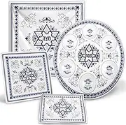 Zion Judaica Passover Seder Plate Set 13.5" Round Seder Tray & 10.75" Matzah Plate Silk Matzo Cover & Afikoman Holder with Byzantine & Fleur De Lis Designs Passover Plate Dishware Set for Pesach Table
