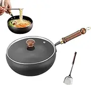 Japanese Iron Pan with Wooden Lid Forged, Suntuup Japanese Iron Pan, Uncoated Hand Forged Big Belly Pot, Non Stick Wok, Suitable for Induction Cooker, Gas Stove (Black with Glass Cover,24cm)