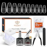 Modelones Nail Tips and Glue Gel Kit, Gel x Nail Kit with 4 in 1 Nail Glue, 500Pcs Nail Tips Half Matte Medium Coffin Shape, Mini LED Nail Lamp, Nail Dehydrator for Easy, Fast Extension Set