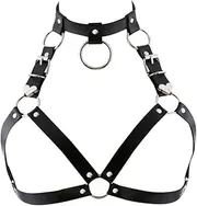[Mridadsc] Leather Chest Straps Harness Body Chain Heart Harajuku Punk Caged Bra Waist Belts with Choker Collar for Women Rave Outfits Black, Black, One Size