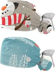 [WOSHJIUK] Working Hat 2 Pack Scrub Caps for Women,Snow Man,Tie Back Cap Adjustable Scrub Hat