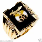 Shriner Mason Black Onyx 3 Clear Crystal Stone Gold Plated Men Ring Size 8-14