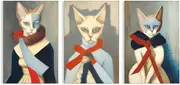 WAHJA Graceful Feline - Anthropomorphic Cat Art with Red Ribbon, Jesse Arms Botke Inspired, Cold and Melancholic Atmosphere
