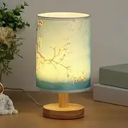 Fabric Wooden Table Lamp USB LED Bedside Night Lamp with Linen Fabric Lampshade Decorative Bedroom Nightstand Light Vintage Small Nightlight for Home Office Hotel Gift (B)