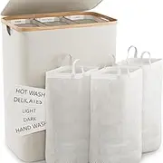 156L Laundry Basket with Lid, Three-grid Laundry Hamper with 2 Removable Bags for Bedroom, Bathroom, Dorm, Laundry Room, Beige