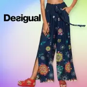 Desigual Gigi Flowy Split Leg Boho Palazzo Pull-on Pants Navy Floral US XS NEW