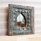 Rustic Handmade Vintage Style Indien Temple Mirror Small Wall Decor Blue 18x18cm