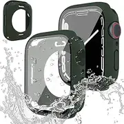 [Miimall] Compatible with Apple Watch Series 7 41mm Case, 2 in 1 Waterproof PC Bumper with Tempered Glass Screen Protector+ Back Cover, Ultra-Thin Full Coverage Protective Cover for iWatch 7 45mm-Green