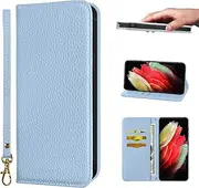 [NanHou] Samsung Galaxy S21 Ultra Case Microfiber Leather RFID Blocking Wallet Magnetic Closure Kickstand Wrist Strap Card Holder Shockproof Flip Cover - Light Blue