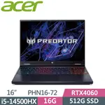 ACER PREDATOR HELIOS NEO PHN16-72-5984 黑(I5-14500HX/16G/512G/RTX4060/W11/WUXGA/165HZ/16)