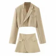 Set: Plain Cropped Blazer + Mini A-Line Skirt Set - Blazer & Skirt - Khaki - L