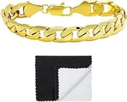 [The Bling Factory] 9.5mm 14k Yellow Gold Plated Flat Edged Cuban Curb Flat Link Bracelet + Microfiber Jewelry Polishing Cloth
