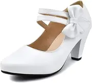 [100FIXEO] Chic Mary Jane Shoes Women Heels and Pumps Ladies Block High Heel Sweet Ankle Strap Dress Pumps Hook and Loop Bow Heels Closed Toe