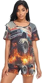 [RPLIFE] Vibrant Classic Monster Truck Short Set Pajamas for Women, Women Matching Pajama Set Shorts