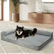 PaWz Orthopedic Dog Bed Pet Cat Sofa Beds Velvet Anxiety for Medium Large Dogs, L-Shape Neck Support Egg-Crate Foam, Washable Dog Bed Pad Dog Mattress Waterproof Lining Non-Skid Bottom, Large,Grey
