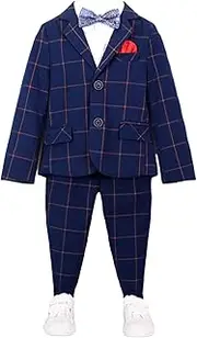 [Kromoc] Boys' Checked Suit Notch Lapel Jacket Vest Pants Three Pieces Set Tuxedos Dinner Homecoming Uniform