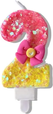 Number 2 Cake Candle,Pink Bow Birthday Number Candles Pink and Yellow Sequin Num