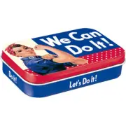 Retro XL Tin Metal Pill Box 'WE CAN DO IT' w Mints 6 x 9.5cm 'Rosie the Riveter'