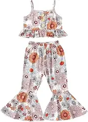 [Goodplayer] Toddler Baby Girls Summer Outfits Sleeveless Button Tops FloralBell Bottom Pants Girl Summer Clothes Set