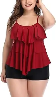 [ZHONGZD] Womens Plus Size Two Piece Ruffle Tummy Control Tankini Swimsuit