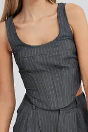 Grey Stripe Corset Top Sleeveless Scoop Neck Longline - Size 10, Women's Cami