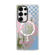 Galaxy S25 Ultra Clear Magnetic Case Checkered Butterflies