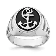 Sterling Silver Rhodium-plated & Antiqued Plated Anchor Ring Size 10