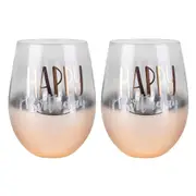 2PK Happy Birthday Rose Gold Ombre Stemless Alcohol Wine Drinking Glass 600ml