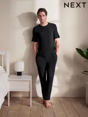 Black Cuffed Textured TENCEL™ Modal Pyjamas Set (AB3394) | $69