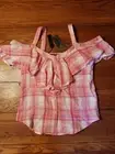 NWT Buffalo David Bitton Cold Shoulder Shirt Blouse Ruffle Raspberry Rose Plaid