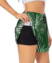 [GaxfjRu] Green Palm Leaf Print Women's Running Shorts High Waisted Running Shorts Pocket Sporty Gym Elastic Short