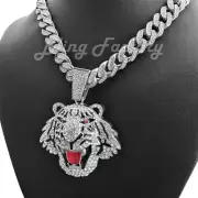 Silver Large Tiger Pendant & 12mm 16" ~ 30" Iced Box Lock Cuban Chain Necklace
