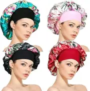 4 Pack Soft Satin Sleeping Cap Wide Band Salon Bonnet Silk Night Sleep Hat Hair Loss Cap Waterproof Bath Caps Women Shower Caps Salon Spa Caps Hats for Women, 4 Styles