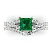 2.01 Princess Cut Emerald Ring Band bridal Set Curved 14k White solid Gold