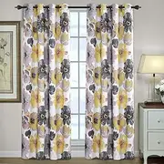 [Smarcute] Blackout Curtains for Living Room Printed Floral Blackout Curtain Draperies Home Decoration Eyelet Light Blocking Winow Draperies, Yellow & Grey - Sold 1 Pair, Each Piece W132cmxD243cm