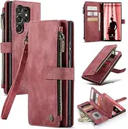 ELEPIK for Galaxy S23 Ultra Wallet Case with Card Holder, Kickstand, Wristlet for Women Men, Durable PU Leather Magnetic Wallet Phone Case for Samsung Galaxy S23 Ultra, Elegant Red