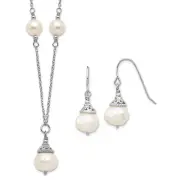 Solid Sterl Silver White Cultured Pearl Necklace Dangle Earrings Set 19"