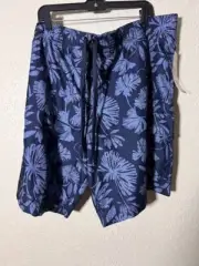 OP Trunks Men Large Swim Shorts Tie Waist Hibiscus Tugger Dark Navy 3XL (48-50)