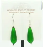 Sterling Silver Green JADE Faceted Teardrop Dangle Earrings #1912...Handmade USA