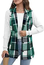 [Wowcarbazole] Womens Plaid Vest Sleeveless Lapel Neck Button Down Outerwear Vest Top Fall Casual Flannel Blazer Jackets