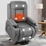 ALFORDSON Recliner Chair with Dual USB Charging Ports, Grey Electric Lounge Sofa with165° Recline and Remote Control, Linen Fabric Heated Massage Armchairfor Bedroom, Living Room and Home Office