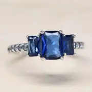 Authentic Pandora Ring Blue Rectangular Three Stone Sz 50 192389C01 W Hinged Box