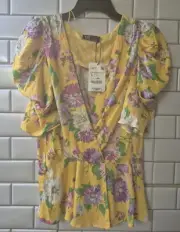 Zara TRF Ladies casual top blouse size Large yellow mix puff sleeve floral zip