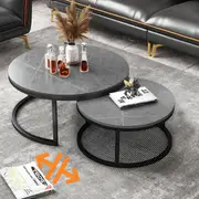 Fin 2Pcs Luxury-Ash Marble Round Coffee Table Nesting Sofa Center Table Living Room