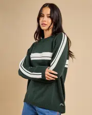 [Rusty] Rusty Women's White Lines Crew Neck Knit Sweater in Green Gables Size Large L Green Gables